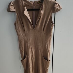 Tan Bodycon Mini Dress with Plunge Neckline
